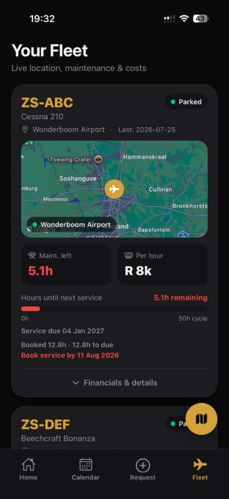Aerio Owner app fleet view: live aircraft location on a map with maintenance countdown and hourly cost