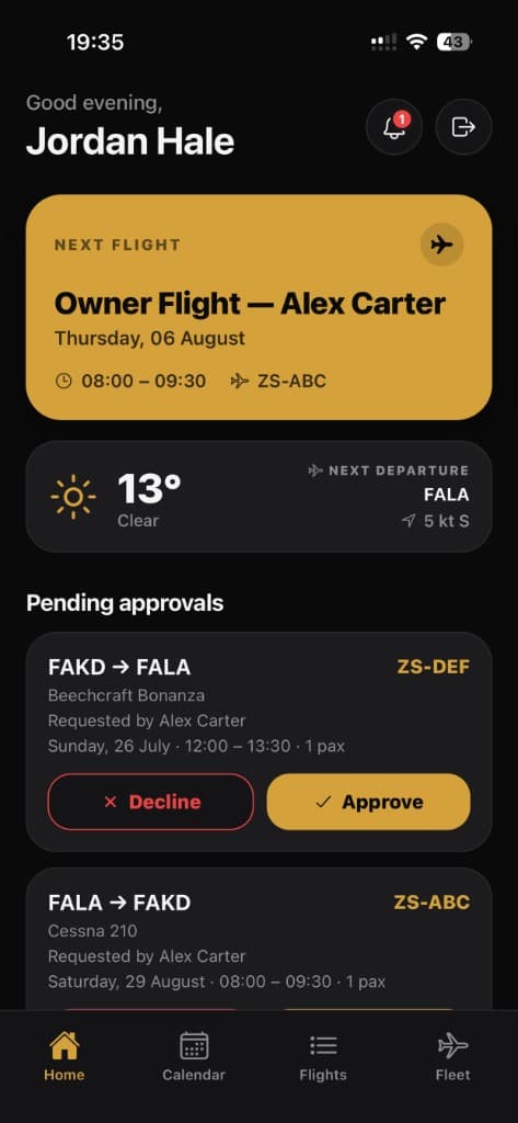 Aerio Pilot app home screen: next flight, weather at the next departure airfield, and flight requests awaiting approval